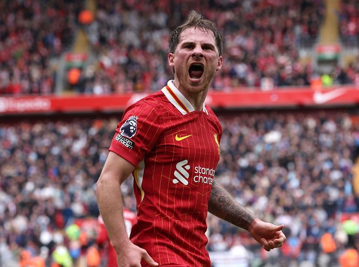 LIVERPOOL, ENGLAND - APRIL 13: (SUN OUT, SUN ON SUNDAY OUT) Alexis Mac Allister of Liverpool celebrates victory after the Premier League match between Liverpool FC and West Ham United FC at Anfield on April 13, 2025 in Liverpool, England. (Photo by Liverpool FC/Liverpool FC via Getty Images)