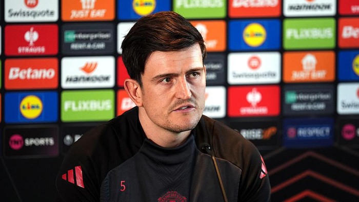Manchester Uniteds Harry Maguire during a press conference at Trafford Training Centre, Carrington, Manchester. Picture date: Wednesday April 16, 2025. (Photo by Martin Rickett/PA Images via Getty Images)