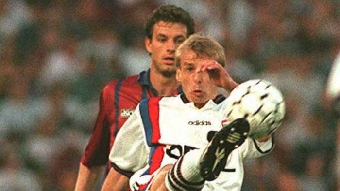 Jurgen Klinsmann Bayern Munich's Jurgen Klinsmann controls the ball in front of Bordeaux defender Jean-Luc Dogon during the second leg of the UEFA Cup final in Bordeaux 15 May. Bayern leads 2-1 in the second half. AFP PHOTO Olivier MORING (Photo by OLIVIER MORIN / AFP)