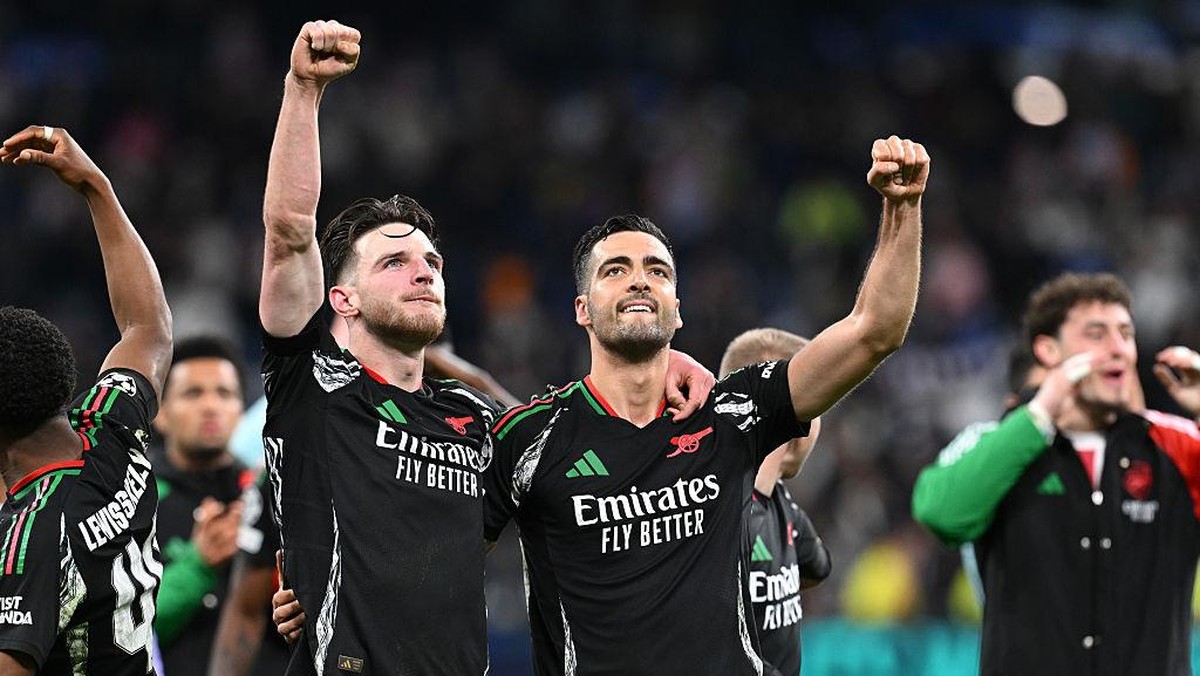 Arsenal merayakan kemenangan atas Real Madrid di perempatfinal Liga Champions. Meriam London maju ke semifinal. (Foto: Stuart MacFarlane/Arsenal FC via Getty Images)
