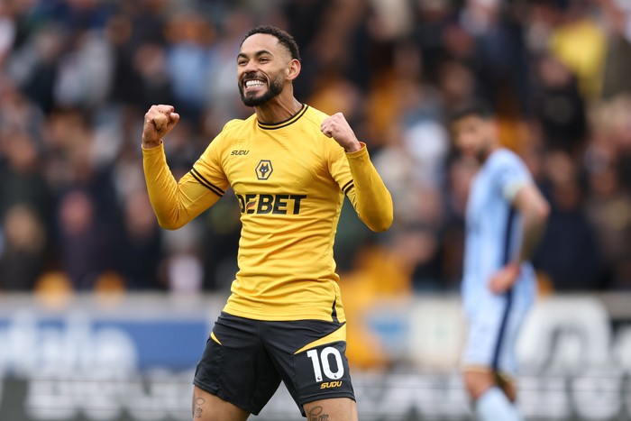 WOLVERHAMPTON, ENGLAND - APRIL 13: Matheus Cunha of Wolverhampton Wanderers celebrates scoring his teams fourth goal during the Premier League match between Wolverhampton Wanderers FC and Tottenham Hotspur FC at Molineux on April 13, 2025 in Wolverhampton, England. (Photo by Wolverhampton Wanderers FC/Wolves via Getty Images)