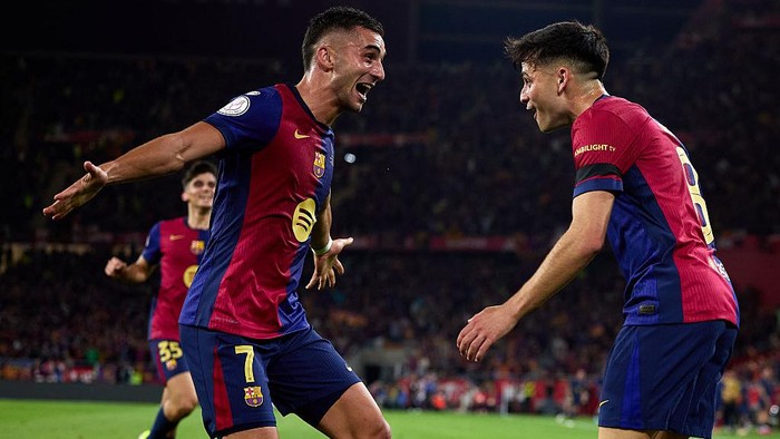 Barcelona vs real madrid final copa del rey el clasico pedri SEVILLE, SPAIN - APRIL 26: Pedro Gonzalez Pedri of FC Barcelona celebrates after scoring their sides first goal with his teammate Ferran Torres of FC Barcelona during the Copa Del Rey Final match between FC Barcelona and Real Madrid at Estadio de La Cartuja on April 26, 2025 in Seville, Spain. (Photo by Quality Sport Images/Getty Images)