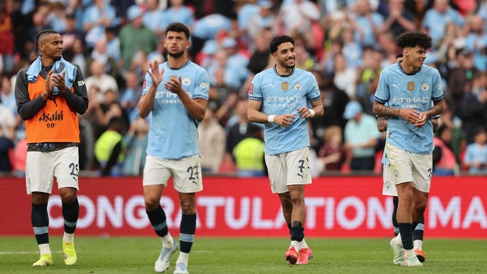 Manchester City Soccer Football - FA Cup - Semi Final - Nottingham Forest v Manchester City - Wembley Stadium, London, Britain - April 27, 2025 Manchester Citys Omar Marmoush celebrates after the match REUTERS/David Klein