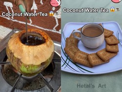 Racikan Teh Susu Campur Air Kelapa, Dimasak Langsung Pakai Batok