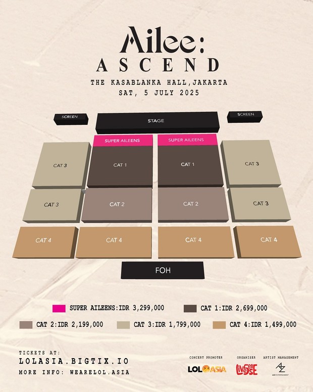 Poster seatplan dan pricelist konser 'Ailee Ascend' di Jakarta