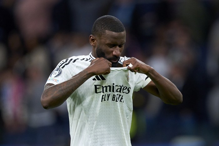 Antonio Ruediger Antonio Rudiger of Real Madrid CF reacts after the game the UEFA Champions League 2024/25 Quarter Final Second Leg match between Real Madrid C.F. and Arsenal FC at Estadio Santiago Bernabeu on April 16, 2025 in Madrid, Spain. (Photo by Diego Souto/Getty Images)