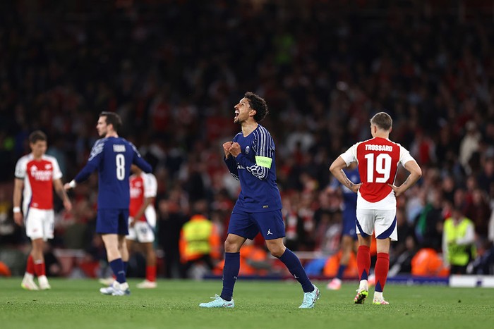 LONDON, ENGLAND - APRIL 29: Marquinhos of PSG celebrates during the UEFA Champions League 2024/25 Semi Final First Leg match between Arsenal FC and Paris Saint-Germain at Emirates Stadium on April 29, 2025 in London, England. (Photo by Jacques Feeney/Offside/Offside via Getty Images)