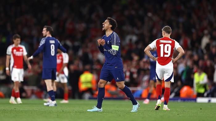 arsenal vs paris saint-germain arsenal vs psg liga champions semifinal liga champions LONDON, ENGLAND - APRIL 29: Marquinhos of PSG celebrates during the UEFA Champions League 2024/25 Semi Final First Leg match between Arsenal FC and Paris Saint-Germain at Emirates Stadium on April 29, 2025 in London, England. (Photo by Jacques Feeney/Offside/Offside via Getty Images)