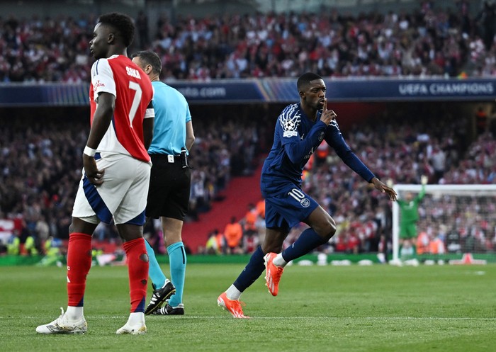 Soccer Football - Champions League - Semi Final - First Leg - Arsenal v Paris Saint Germain - Emirates Stadium, London, Britain - April 29, 2025 Paris St Germain's Ousmane Dembele celebrates scoring their first goal REUTERS/Dylan Martinez