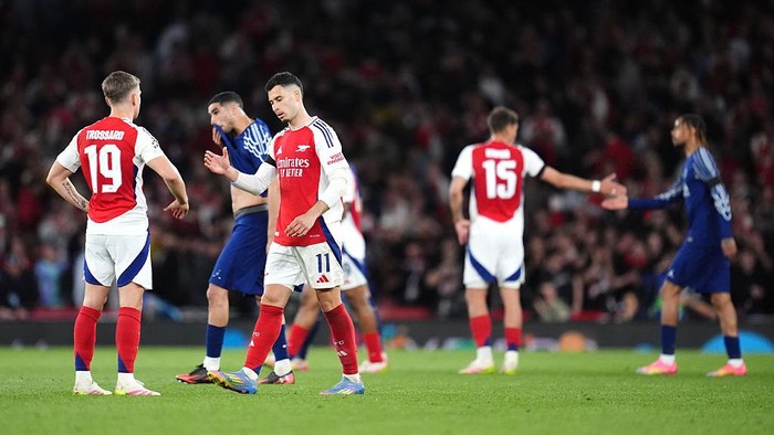 Arsenals Leandro Trossard and Gabriel Martinelli react following the UEFA Champions League semi final, first leg match at the Emirates Stadium, London. Picture date: Tuesday April 29, 2025. (Photo by Adam Davy/PA Images via Getty Images)