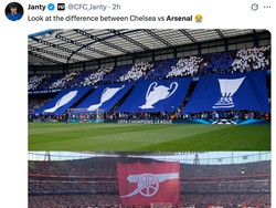 Arsenal sampai diledek fans Chelsea gara-gara memamerkan banner logo klub, ketimbang trofi Liga Champions. Meriam London memang belum pernah juara Liga Champions. (Foto: X.com/@CFC_Janty)