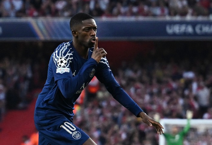 Ousmane Dembele Soccer Football - Champions League - Semi Final - First Leg - Arsenal v Paris Saint Germain - Emirates Stadium, London, Britain - April 29, 2025 Paris St Germains Ousmane Dembele celebrates scoring their first goal REUTERS/Dylan Martinez