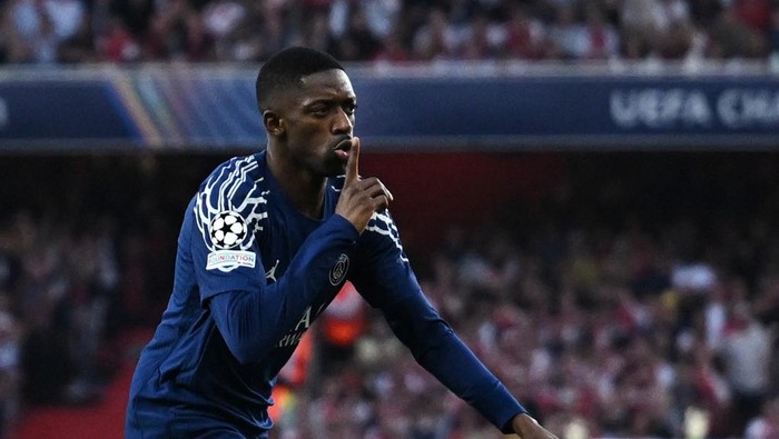 Ousmane Dembele Soccer Football - Champions League - Semi Final - First Leg - Arsenal v Paris Saint Germain - Emirates Stadium, London, Britain - April 29, 2025 Paris St Germains Ousmane Dembele celebrates scoring their first goal REUTERS/Dylan Martinez