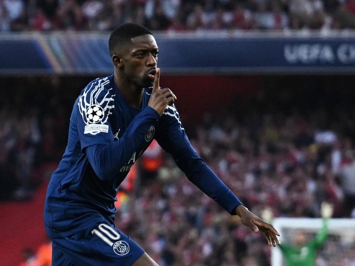 Soccer Football - Champions League - Semi Final - First Leg - Arsenal v Paris Saint Germain - Emirates Stadium, London, Britain - April 29, 2025 Paris St Germain's Ousmane Dembele celebrates scoring their first goal REUTERS/Dylan Martinez