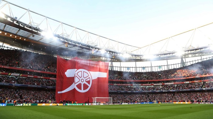 LONDON, ENGLAND - APRIL 29: A general view (GV) of The Emirates as a large flag depicting the club logo is lifted during the UEFA Champions League 2024/25 Semi Final First Leg match between Arsenal FC and Paris Saint-Germain at Emirates Stadium on April 29, 2025 in London, England. (Photo by Jacques Feeney/Offside/Offside via Getty Images)