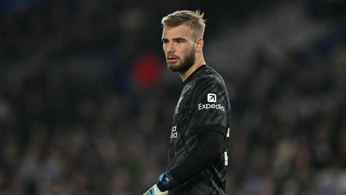 Vitezslav Jaros Liverpool's Czech goalkeeper #56 Vitezslav Jaros looks on during the English League Cup round of 16 football match between Brighton and Hove Albion and Liverpool at the American Express Community Stadium in Brighton, southern England on October 30, 2024. (Photo by Glyn KIRK / AFP) / RESTRICTED TO EDITORIAL USE. No use with unauthorized audio, video, data, fixture lists, club/league logos or 'live' services. Online in-match use limited to 120 images. An additional 40 images may be used in extra time. No video emulation. Social media in-match use limited to 120 images. An additional 40 images may be used in extra time. No use in betting publications, games or single club/league/player publications. /