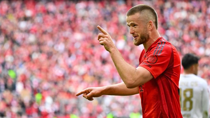 2211489786 26 April 2025, Bavaria, Munich: Soccer: Bundesliga, Bayern Munich - FSV Mainz 05, Matchday 31, Allianz Arena, Munichs Eric Dier celebrates after his goal for 3:0. Photo: Peter Kneffel/dpa (Photo by Peter Kneffel/picture alliance via Getty Images)