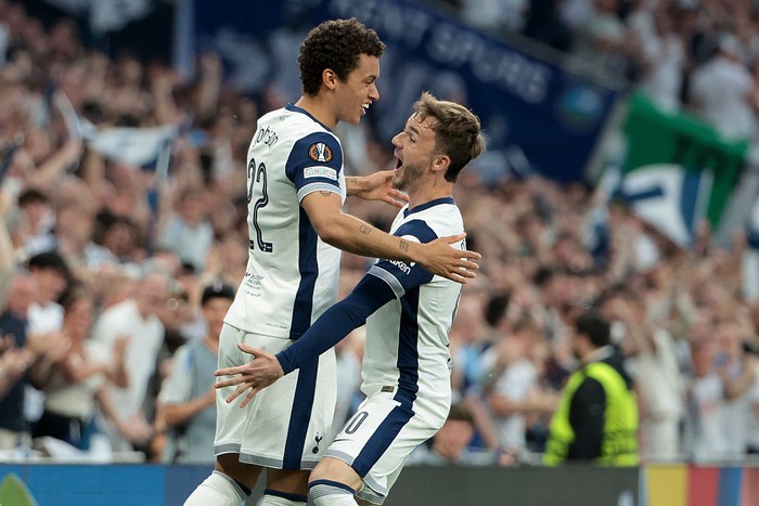 Brennan Johnson Brennan Johnson of Tottenham celebrates his goal with James Maddison during the UEFA Europa League 2024/25 Quarter Final Second Leg football match between Tottenham Hotspur and FK Bodo/Glimt at Tottenham Hotspur Stadium on May 1, 2025 in London, England. (Photo by Jean Catuffe/Getty Images)