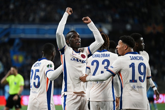STOCKHOLM, SWEDEN - MAY 01: Nicolas Jackson of Chelsea celebrates scoring his team's fourth goal with team mates during the UEFA Conference League 2024/25 Semi Final First Leg match between Djurgarden and Chelsea FC at Stockholm Arena on May 01, 2025 in Stockholm, Sweden. (Photo by Darren Walsh/Chelsea FC via Getty Images)