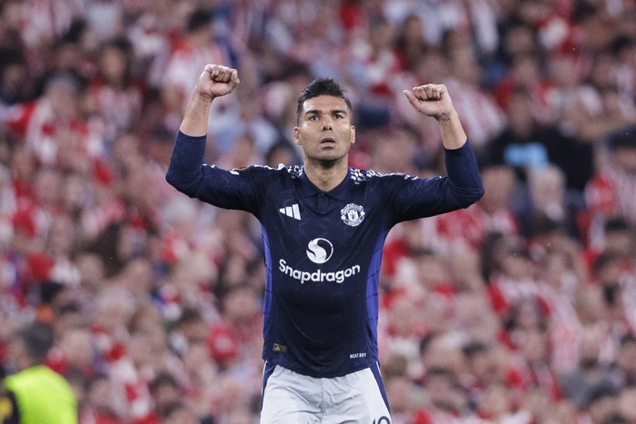 Carlos Casemiro of Manchester United celebrates a goal during the UEFA Europa League 2024/25 semifinal first leg match between Athletic Club and Manchester United at San Mames Stadium in Bilbao, Spain, on May 1. (Photo by Guillermo Martinez/NurPhoto via Getty Images)