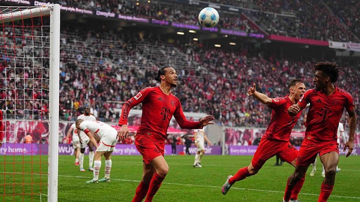 2212591900 Leroy Sane of Bayern Munich scores and celebrates his teams third goal during the 1. Bundesliga match between RB Leipzig and FC Bayern München at Red Bull arena, Leipzig, Germany on May 3, 2025. (Photo by Ulrik Pedersen/NurPhoto via Getty Images)