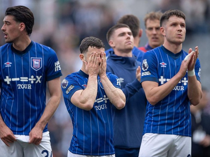 NEWCASTLE UPON TYNE, ENGLAND - APRIL 26: Conor Chaplin of Ipswich Town looks dejected following confirmation of Ipswich Town's relegation after the Premier League match between Newcastle United FC and Ipswich Town FC at St James' Park on April 26, 2025 in Newcastle upon Tyne, England. (Photo by Visionhaus/Getty Images)