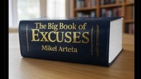 Meme buku tebal berisikan alasan dari Mikel Arteta, manajer Arsenal. Foto: dok. Internet/X (Twitter)