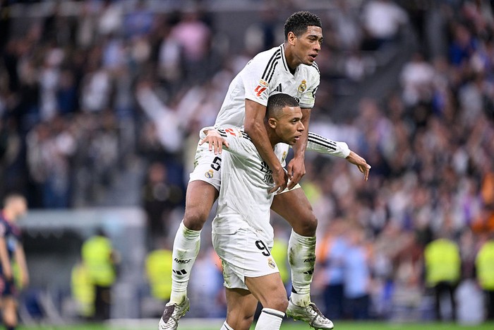 Real Madrid Kylian Mbappe centre-forward of Real Madrid and France celebrates with Jude Bellingham after scoring his sides first goal during the La Liga match between Real Madrid CF and RC Celta de Vigo at Estadio Santiago Bernabeu on May 4, 2025 in Madrid, Spain. (Photo by Jose Breton/Pics Action/NurPhoto via Getty Images)