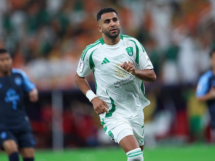 JEDDAH, SAUDI ARABIA - APRIL 26: Riyad Mahrez of Al Ahli celebrates after scoring the team first goal during the AFC Champions League Elite - Quarter Final match between Al Ahli and Buriram at King Abdullah Sports City Hall Stadium on April 26, 2025 in Jeddah, Saudi Arabia.  (Photo by Yasser Bakhsh/Getty Images)
