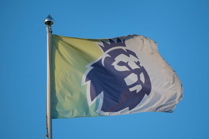 BIRMINGHAM, ENGLAND - FEBRUARY 22: A detailed view of the English Premier League badge on a flag prior to the Premier League match between Aston Villa FC and Chelsea FC at Villa Park on February 22, 2025 in Birmingham, England. (Photo by Joe Prior/Visionhaus via Getty Images)