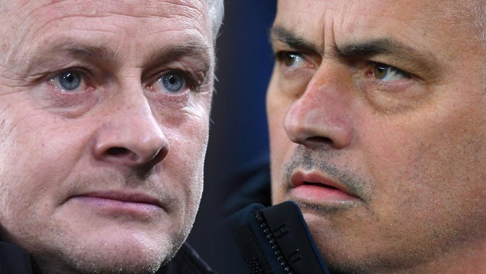 Ole Gunnar Solskjaer, Jose Mourinho FILE PHOTO (EDITORS NOTE: COMPOSITE OF IMAGES - Image numbers 1189766819, 1207501194 - GRADIENT ADDED) In this composite image a comparison has been made between Ole Gunnar Solskjaer, Manager of Manchester United (L) and Jose Mourinho, Manager of Tottenham Hotspur. Tottenham Hotspur and Manchester United meet in a Premier League fixture on June 19,2020 at the Tottenham Hotspur Stadium in London,England. ***LEFT IMAGE*** SHEFFIELD, ENGLAND - NOVEMBER 24: Ole Gunnar Solskjaer, Manager of Manchester United looks on prior to the Premier League match between Sheffield United and Manchester United at Bramall Lane on November 24, 2019 in Sheffield, United Kingdom. (Photo by Michael Regan/Getty Images) ***RIGHT IMAGE*** LONDON, ENGLAND - FEBRUARY 19: Jose Mourinho, Manager of Tottenham Hotspur looks on ahead of the UEFA Champions League round of 16 first leg match between Tottenham Hotspur and RB Leipzig at Tottenham Hotspur Stadium on February 19, 2020 in London, United Kingdom. (Photo by Laurence Griffiths/Getty Images)