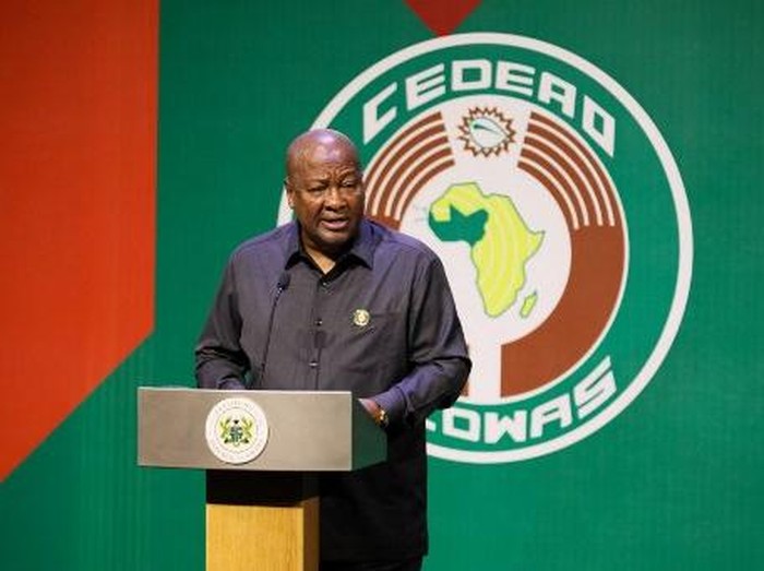 Ghanas President John Dramani Mahama speaks during the Economic Community of West African States (ECOWAS) 50th Anniversary celebrations in Accra on April 22, 2025. (Photo by Nipah Dennis / AFP)