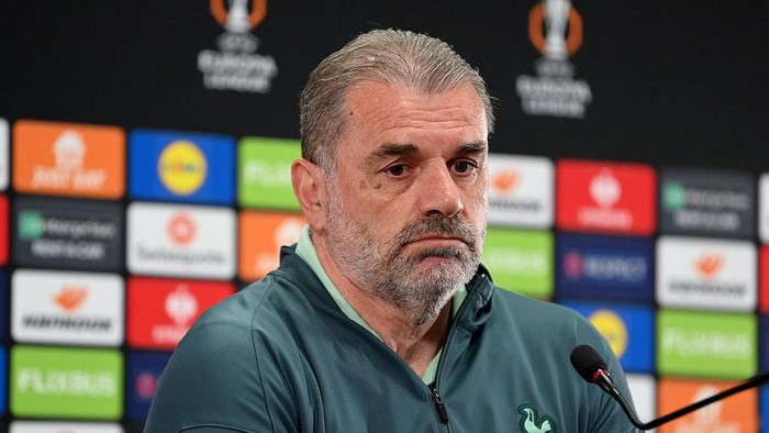 BODO, NORWAY - MAY 07: Ange Postecoglou, Manager of Tottenham Hotspur, talks during a press conference ahead of their UEFA Europe League 2024/25 semi final second leg match against FK Bodo/Glimt at Aspmyra Stadion on May 07, 2025 in Bodo, Norway. (Photo by Justin Setterfield/Getty Images)