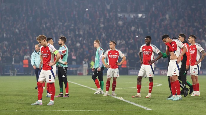 PARIS, FRANCE - MAY 7: Martin Odegaard of Arsenal and William Saliba of Arsenal react at full time during the UEFA Champions League 2024/25 Semi Final Second Leg match between Paris Saint-Germain and Arsenal FC at Parc des Princes on May 7, 2025 in Paris, France. (Photo by Mark Leech/Offside/Offside via Getty Images)