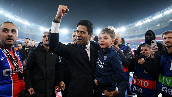 Nasser Al-Khelaifi PARIS, FRANCE - MAY 07: Nasser Al-Khelaifi, President of Paris Saint-Germain, celebrates following the teams victory and subsequent progression into the final after the UEFA Champions League 2024/25 Semi Final Second Leg match between Paris Saint-Germain and Arsenal FC at Parc des Princes on May 07, 2025 in Paris, France. (Photo by David Ramos/Getty Images)