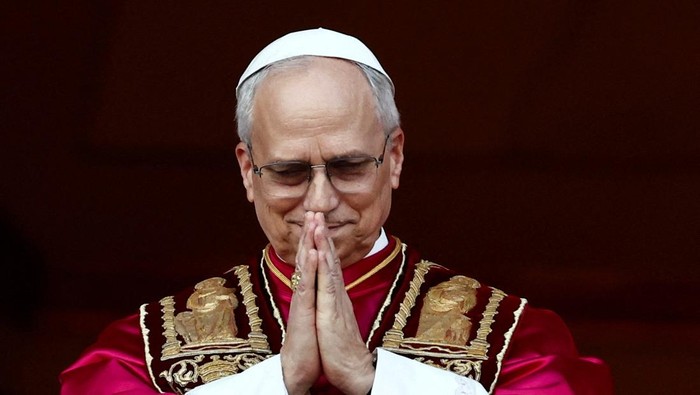 Newly elected Pope Leo XIV, Cardinal Robert Prevost of the Unites States delivers the 