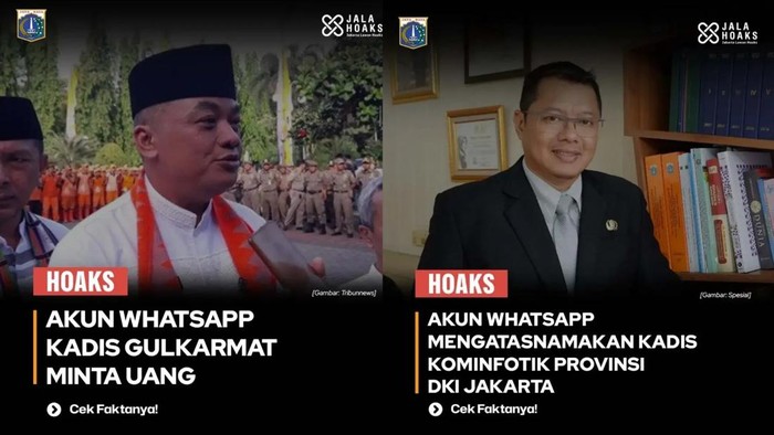 Nama Kadis Gulkarmat dan Kadis Kominfotik Jakarta dicatut untuk melaksanakan penipuan. Pelaku mencatut kedua nama kadis untuk membohongi korban lewat WhatsApp (WA). (dok Jalahoaks)