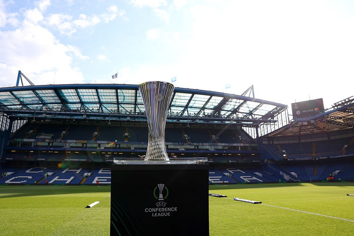 LONDON, ENGLAND - MAY 08: The UEFA Conference League trophy is displayed on a plinth inside the stadium prior to the UEFA Conference League 2024/25 Semi Final Second Leg match between Chelsea FC v Djurgarden at Stamford Bridge on May 08, 2025 in London, England. (Photo by Molly Darlington - UEFA/UEFA via Getty Images)