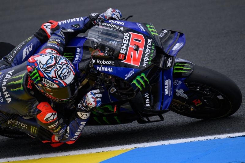 Monster Energy Yamaha MotoGP team's French motoGP rider Fabio Quartararo rides during a France Moto GP Grand Prix free practice session at the Le Mans Circuit on May 9, 2025. (Photo by Loic VENANCE / AFP)
