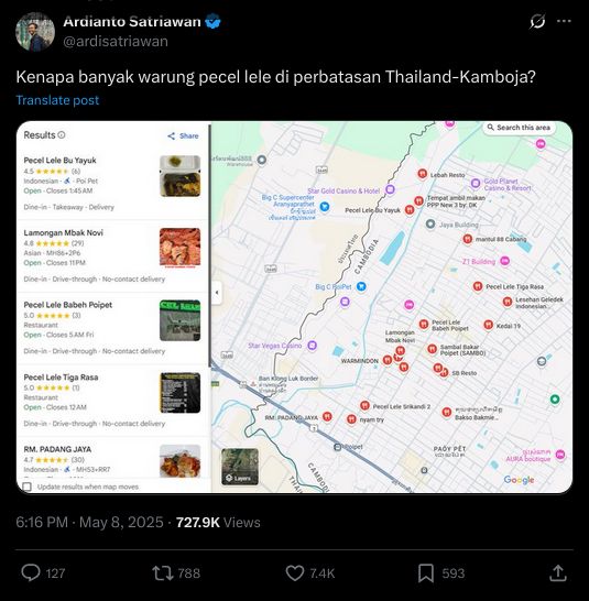warung pecel lele banyak hadir di perbatasan Thailand dan Kamboja