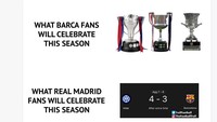 Saat Barcelona merayakan tiga gelarnya dalam semusim, Madrid hanya merayakan kekalahan Barcelona di Liga Champions. (Foto: X.com/@TrollFootball)
