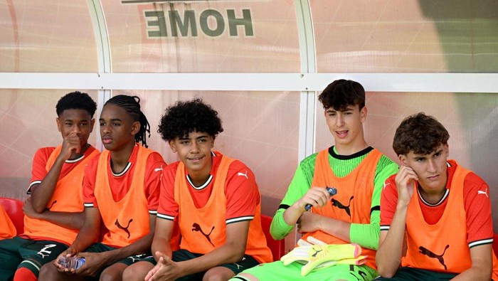 Cristiano Ronaldo ZAGREB, CROATIA - MAY 13: Cristiano Ronaldo Jr of Portugal (C) looks on from the bench prior to the Men's U15 International match between Portugal and Japan as part of the Vlatko Markovic tournament at Stadium Sveti Martin na Muri on May 13, 2025 in Zagreb, Croatia. (Photo by Jurij Kodrun/Getty Images)