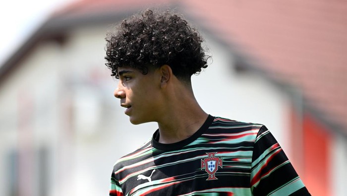 ZAGREB, CROATIA - MAY 13: Cristiano Ronaldo Jr of Portugal looks on as he warms up prior to the Mens U15 International match between Portugal and Japan as part of the Vlatko Markovic tournament at Stadium Sveti Martin na Muri on May 13, 2025 in Zagreb, Croatia. (Photo by Jurij Kodrun/Getty Images)