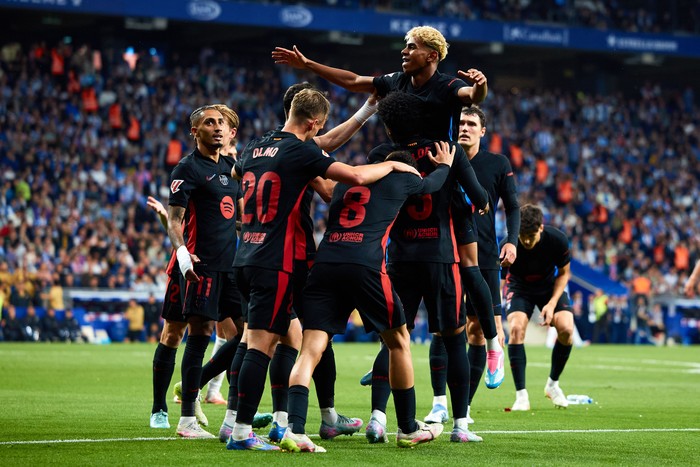 Lamine Yamal BARCELONA, SPAIN - MAY 15: Lamine Yamal of FC Barcelona celebrates after scoring their sides first goal during the LaLiga match between RCD Espanyol de Barcelona and FC Barcelona at RCDE Stadium on May 15, 2025 in Barcelona, Spain. (Photo by Omar Arnau/Quality Sport Images/Getty Images)