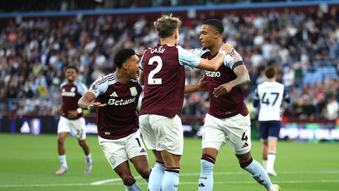 Aston Villas Ezri Konsa (right) celebrates scoring their sides first goal of the game with team-mates during the Premier League match at Villa Park, Birmingham. Picture date: Friday May 16, 2025. (Photo by Nigel French/PA Images via Getty Images)