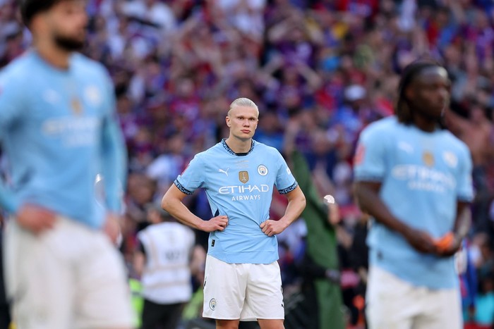LONDON, ENGLAND - MAY 17: A dejected looking Erling Haaland of Manchester City after the Emirates FA Cup Final match between Crystal Palace and Manchester City at Wembley Stadium on May 17, 2025 in London, England. (Photo by Catherine Ivill - AMA/Getty Images)