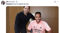 Haaland memble di lini depan City bak Aubameyang dan Arteta di Arsenal dulu. (Foto: X.com/@Abti00)