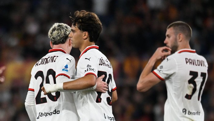 ROME, ITALY - MAY 18: Joao Felix of AC Milan celebrates after scoring goal 1-1 during the Serie A match between AS Roma and AC Milan at Stadio Olimpico on May 18, 2025 in Rome, Italy. (Photo by Silvia Lore/Getty Images)