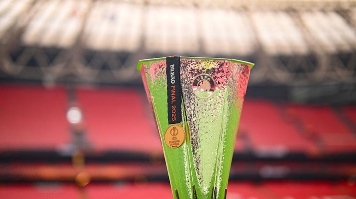 BILBAO, SPAIN - MAY 19: A detailed view of the Europe League Trophy and a winners medal ahead of the UEFA Europa League Final 2025 between Tottenham Hotspur and Manchester United at San Mames Stadium on May 19, 2025 in Bilbao, Spain. (Photo by Michael Regan - UEFA/UEFA via Getty Images)