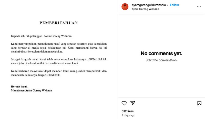 Klarifikasi Ayam Goreng Widuran Solo Terkait Menu Non-Halal